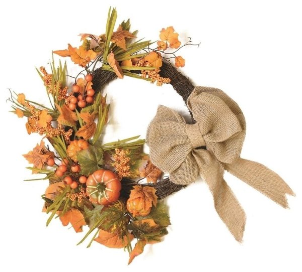 20" Autumn Harvest Pumpkins Berries and Leaves Wreath With Bow - Farmhouse - Wreaths And Garlands - by Northlight Seasonal