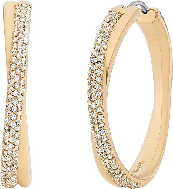 Stainless Steel and Pave Crystal Hoop Earrings for Women, Color: Gold (Model: MKJ8319710)
