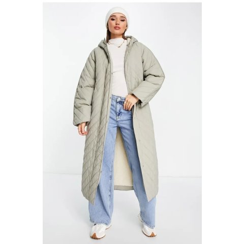 Chevron Quilted Hooded Longline Coat with Fleece Lining