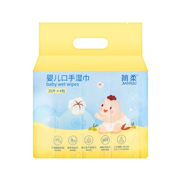 JIANROU简柔 99%纯水 婴儿湿巾 温和型 成人适用 含有机洋甘菊精华 25片/包 x 4提 - 亚米网