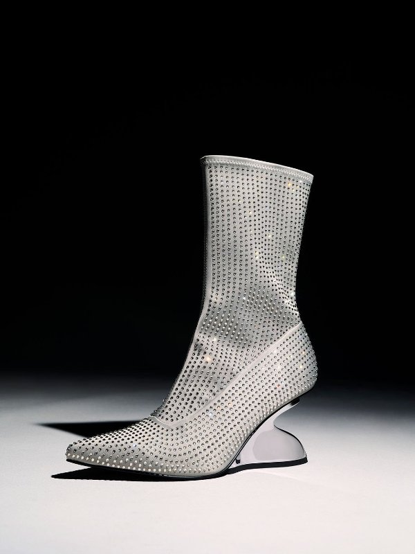 Grey Zania Gem-Embellished Sculptural Heel Boots | CHARLES & KEITH