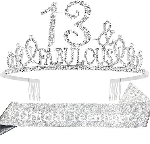 EBE EmmasbyEmma 13th Birthday Sash and Tiara for Girls - Fabulous Set: Glitter Sash + Fabulous Rhinestone Silver Premium Metal Tiara, 13th Birthday Gifts for Teenegers Party