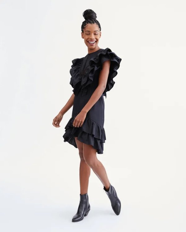 Ruffle Dress with Lace Trim in Jet Black