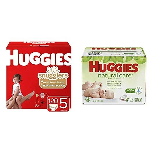 Brand Bundle –Little Snugglers Baby Diapers, Size 5, 120 Ct &Natural Care Unscented Baby Wipes, Sensitive, 6 Disposable Flip-Top Packs - 288 Total Wipes (Packaging May Vary)