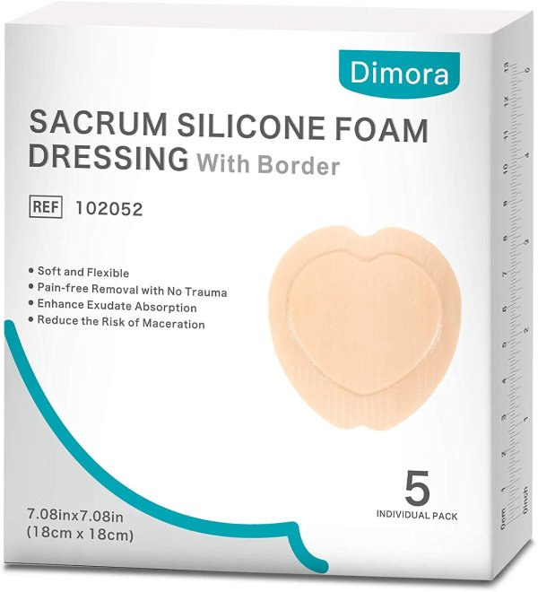 Sacrum Silicone Foam Dressing with Border Adhesive, Dimora Waterproof 7"x7"(18 cm*18 cm) Sacral Dressing Pad for Wound Care, 5 dressings/Box