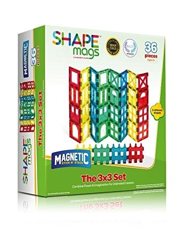 Award Winning Shape Mags 36 Pieces Clear transperent Colors JUST 3x3 Squares 9 Different Designs, Compatible with Magna Tiles and Other Brands