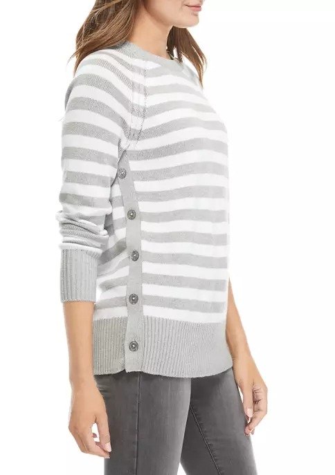 Women's Long Sleeve Side Button Striped Sweater