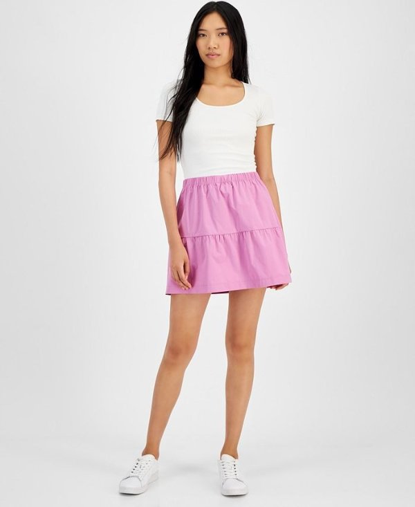 Juniors' Elasticized-Waist Poplin Tiered Mini Skirt