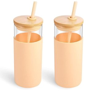 tronco 小清新风玻璃杯 配杯盖吸管和硅胶套 2个装 多色可选