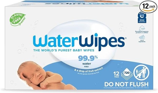 Plastic-Free Original Baby Wipes, 99.9% Water Based Wipes, Unscented & Hypoallergenic for Sensitive Skin, 60 Count (Pack of 12), Packaging May Vary