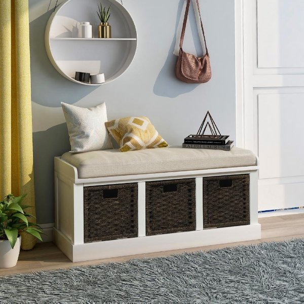 White Entryway Storage Bench with Removable Cushion and 3-Removable Classic Fabric Basket