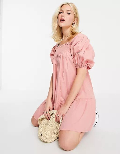 puff sleeve cotton poplin mini dress in pink | ASOS
