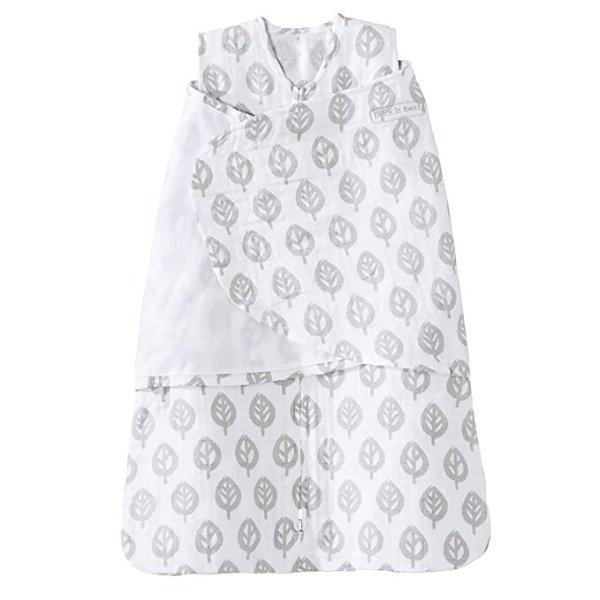 100% Cotton Muslin Sleepsack Swaddle, 3-Way Adjustable Wearable Blanket, TOG 1.5, Grey Tree Leaf, Small, 3-6 Months