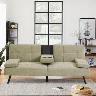 Convertible Futon Sofa Bed, Tufted Split-Back Sleeper Couch with 2 Cup Holders for Living Room, Apartment, Bonus Room