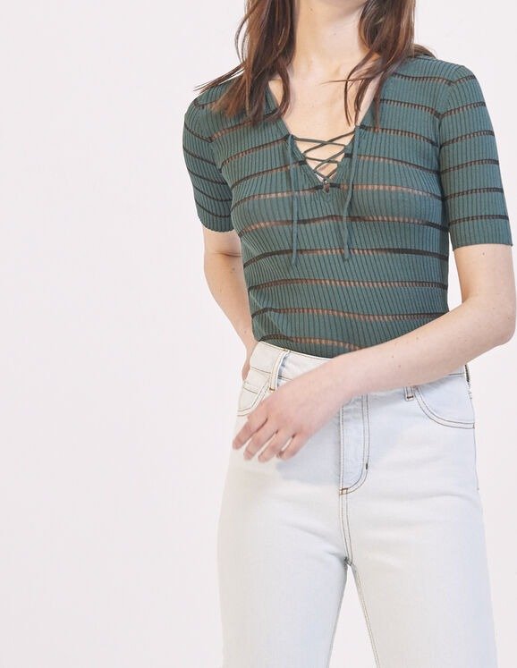 Ribbed knit top with stripes and tie