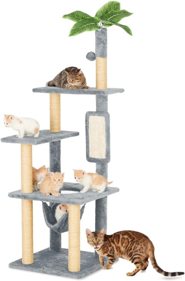 TSCOMON 55" Cat Tree for Indoor Cats with Green Leaves, Multi-Level Large Cat Tower for Indoor Cats with Hammock, Plush Cat House with Hang Ball Toy and Cat Sisal Scratching Posts Cat Furniture, Grey