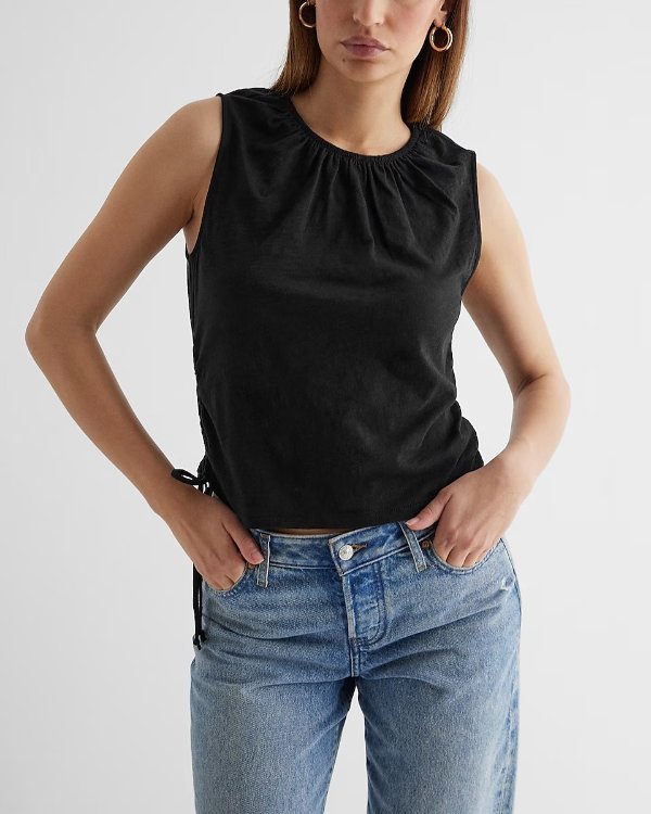 Gathered Crew Neck Side Tie Cutout Copped Tank