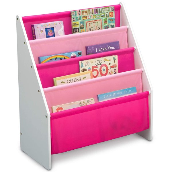 Sling Book Rack Bookshelf for Kids - Easy-to-Reach Storage for Books, Magazines or Coloring Books - Ideal for Playrooms & Homeschooling, White/Pink