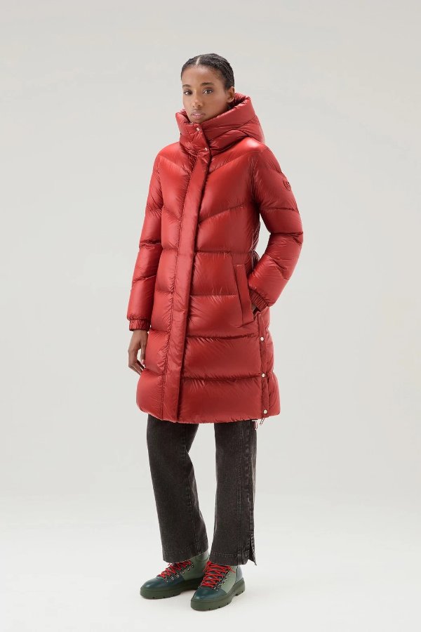Aliquippa Long Down Jacket in Glossy Nylon Red Ochre