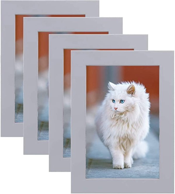 KITTY 4×6 Photo Picture Frame Set of 4 in Light Grey - Made of Solid Wood High Definition Plexiglass Display 4×6 Pictures Horizontal and Vertical Format Gallery Frames for Wall Collage & Tabletop