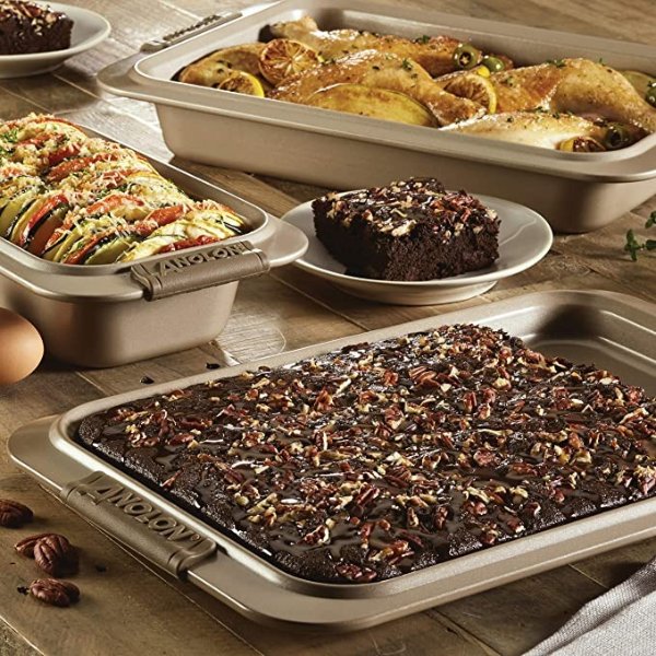 47395 Advanced Nonstick Bakeware Set with Grips includes Nonstick Bread Pan, Cookie Sheet / Baking Sheet and Baking Pan - 3 Piece, Bronze Brown