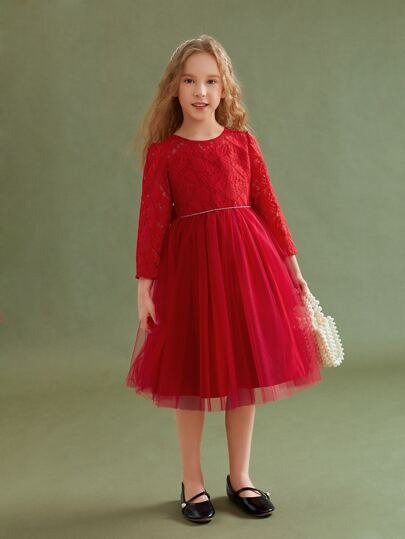 Girls Contrast Lace Puff Sleeve Tie Back Party Dress