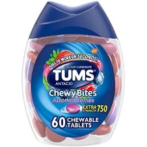 TUMS Chewy Bites Antacid Tablets for Chewable Heartburn Relief and Acid Indigestion Relief, Assorted Berries - 60 Count