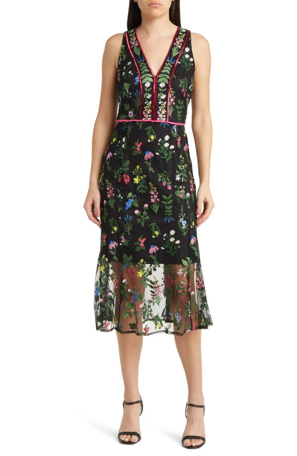 Botanical Embroidered Semisheer Sleeveless Dress
