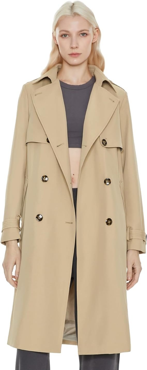 Women's Long Trench Coat Double-Breasted Classic Lapel Overcoat with Belt