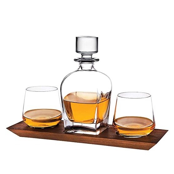 Whiskey Decanter and Whiskey Glasses Bar Set on Elegant Wooden Display Tray