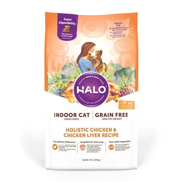 Halo Indoor Holistic Grain Free Healthy Weight Chicken & Chicken Liver Dry Cat Food, 10 lbs. | Petco