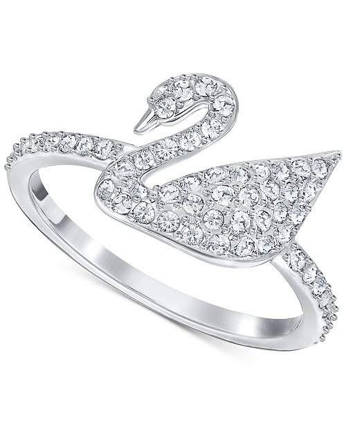 Silver-Tone Crystal Swan Logo Ring