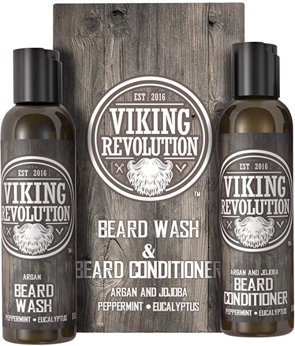 Revolution Beard Wash & Beard Conditioner Set w/Argan & Jojoba Oils – Softens, Smooths & Strengthens Beard Growth - Natural Peppermint and Eucalyptus Scent - Beard Shampoo w/Beard Oil (5 oz)