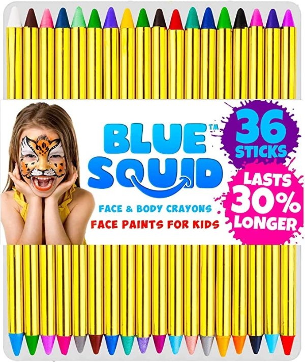 Face Paint Crayons for Kids, Blue Squid 36 Jumbo 3.25" Face & Body Painting Makeup Crayons, Safe for Sensitive Skin, 8 Metallic & 28 Classic Colors, Great for Birthdays & Halloween Makeup
