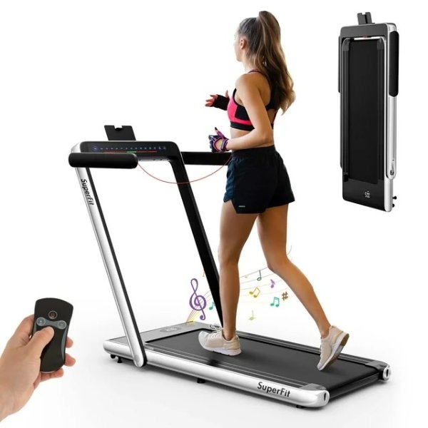 SuperFit Up To 7.5MPH 2.25HP 2 in 1 Dual Display Folding Treadmill Jogging Machine W/APP Control Dual Display Screen Silver