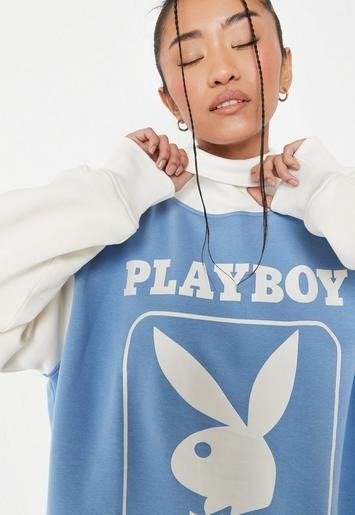 - Playboy xBlue Colorblock Bunny Print High Neck Oversized Sweatshirt