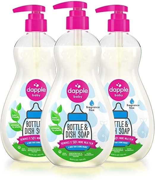 Bottle and Dish Soap, Fragrance Free Dish Liquid, Plant Based, Hypoallergenic, 1 Pump Included, 16.9 Fluid Ounces (Pack of 3) (Packaging May Vary)