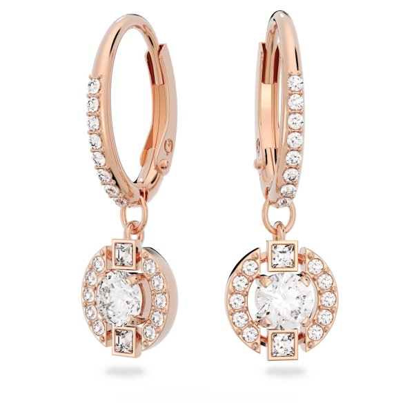 Sparkling Dance Round Pierced Earrings, White, Rose-gold tone plated by