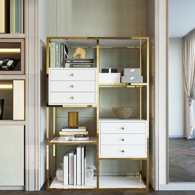White and Gold Geometric Bookcase 6 Shelves & 6 Drawers Bookshelf-Homary