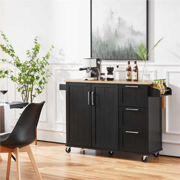 Rolling Kitchen Cart with Cabinets and Drawers, Black