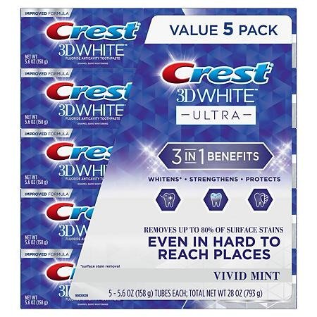 3D White Ultra Whitening Toothpaste, Vivid Mint (5.6 oz., 5 pk.) - Sam's Club