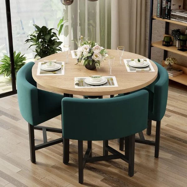 40" Round Wooden Nesting Dining Table Set for 4 Green Upholstered Chairs-Homary