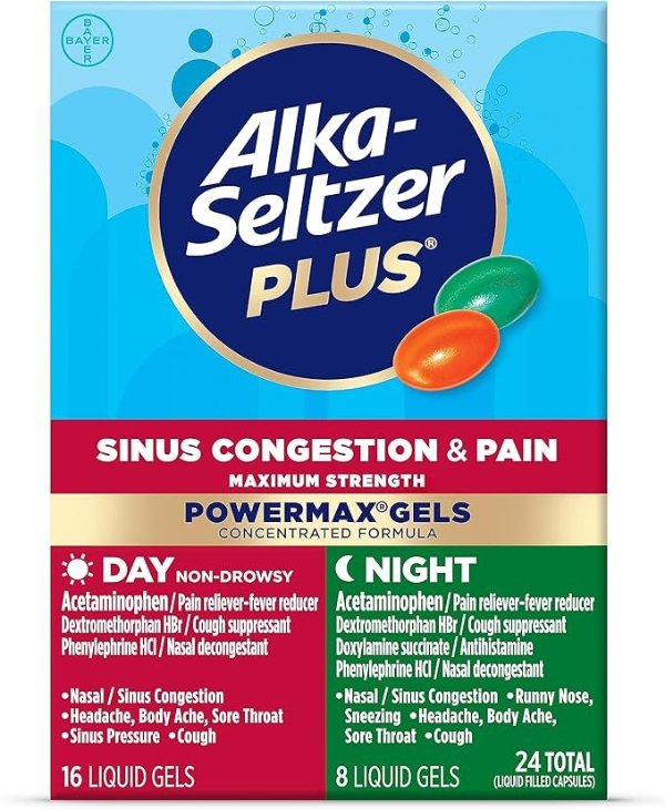 -Seltzer Plus Maximum Strength PowerMax Sinus Congestion & Pain Medicine, Day + Night Liquid Gels - Powerful Relief for Cold and Flu, Sinus Congestion for Adults and Children 12+ Years, 24 Count