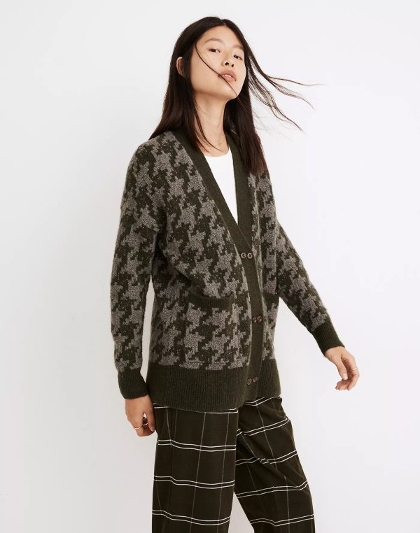 Allston Double-Button Cardigan Sweater in Houndstooth