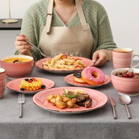 16-Piece Modern Concentric Circles Pink Porcelain Dinnerware Sets (Service for Set for 4)