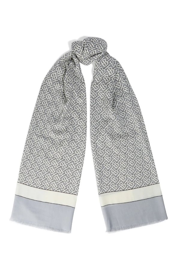 Frayed monogram-print cashmere-twill scarf