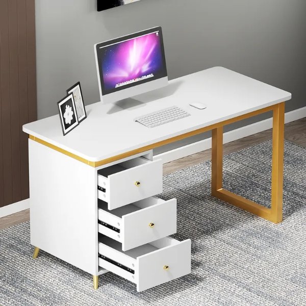 Modern 1800mm White Home Office with Drawers & Side Cabinet Wood Computer Desk in Gold -Homary