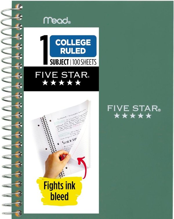 Five Star Personal Spiral Notebook, 1 Subject, College Ruled Paper, 7" x 4-3/8", Small Size, 100 Sheets, Seaglass Green (450022CH1)