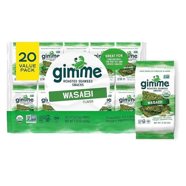 gimMe Organic Roasted Seaweed Sheets - Wasabi - 20 Count - Keto, Vegan, Gluten Free - Great Source of Iodine and Omega 3’s - Healthy On-The-Go Snack for Kids & Adults