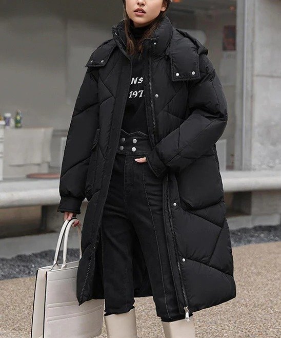 | Black Longline Hooded Puffer Coat - Women & Plus
